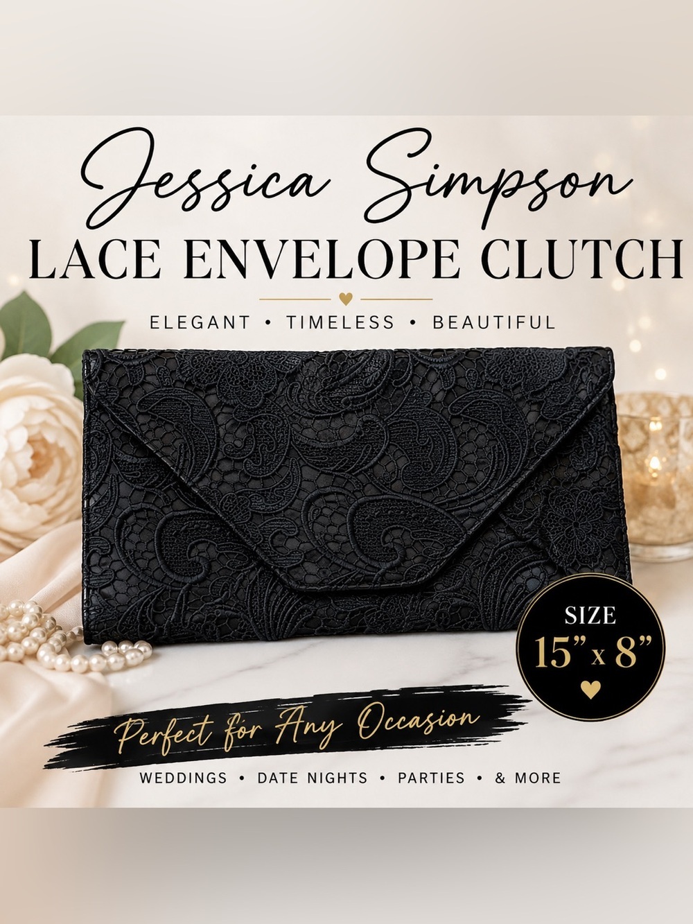 Jessica Simpson Black Lace Envelope Clutch Evening Bag 15” x 8”